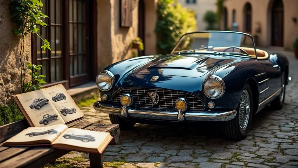 Ancienne voiture Peugeot vintage dans une cour historique, lumière dorée et ambiance passion classique