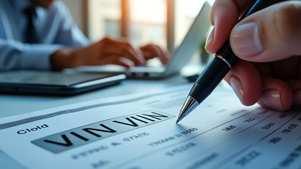 Document de carte grise avec numéro châssis VIN clairement visible et main annotant les informations