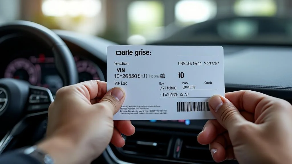 Gros plan hyperréaliste du numéro châssis sur une carte grise avec détails précis du VIN et contexte automobile