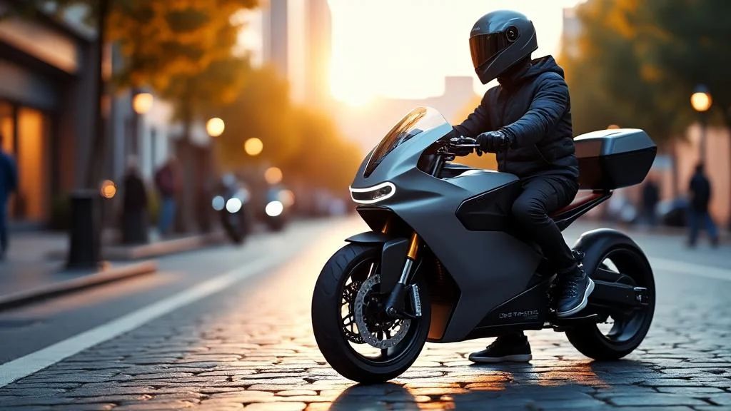Moto électrique sans permis moderne équipée batterie double et freins régénératifs en milieu urbain
