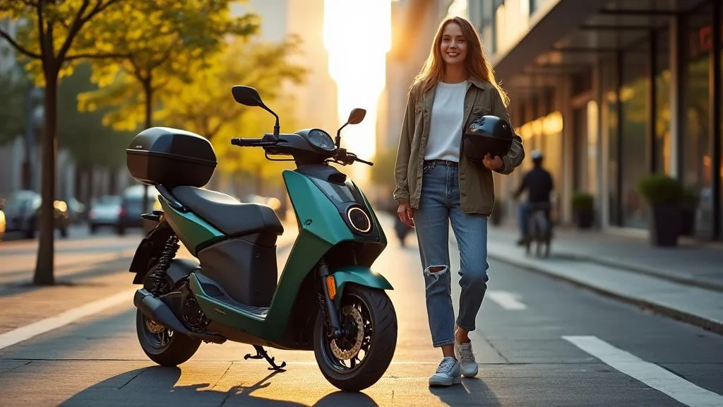 Moto électrique sans permis urbaine moderne avec top case, connectée smartphone, idéale pour trajets quotidiens écologiques