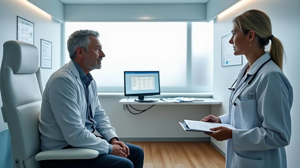 Salle d'examen médicale pour la 2ème visite médicale après suspension de permis, homme anxieux et médecin professionnel