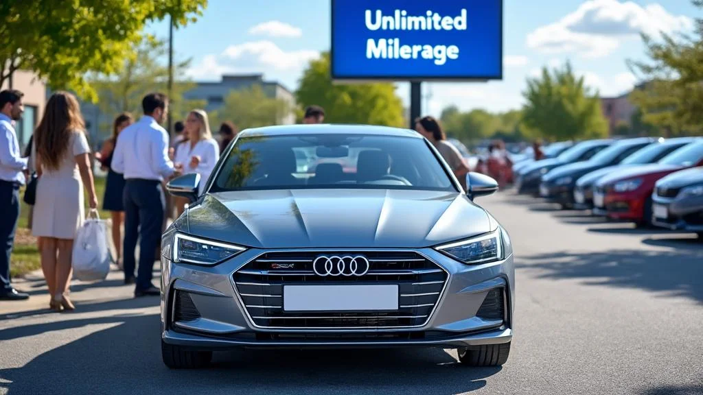 Voiture de location avec kilométrage illimité dans une agence moderne au soleil, ambiance professionnelle et dynamique