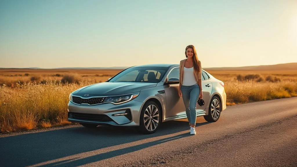 Voiture de location moderne avec kilométrage illimité sur route ouverte et paysage naturel infini