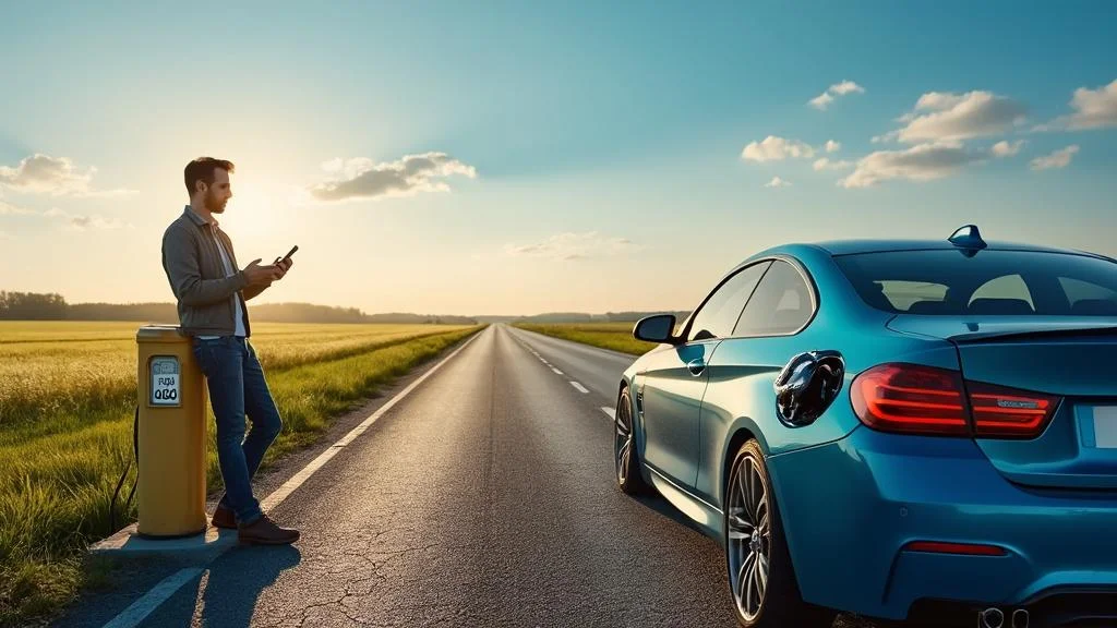 Voiture essence sur route rurale illustrant la distance parcourue avec 10 euros d’essence