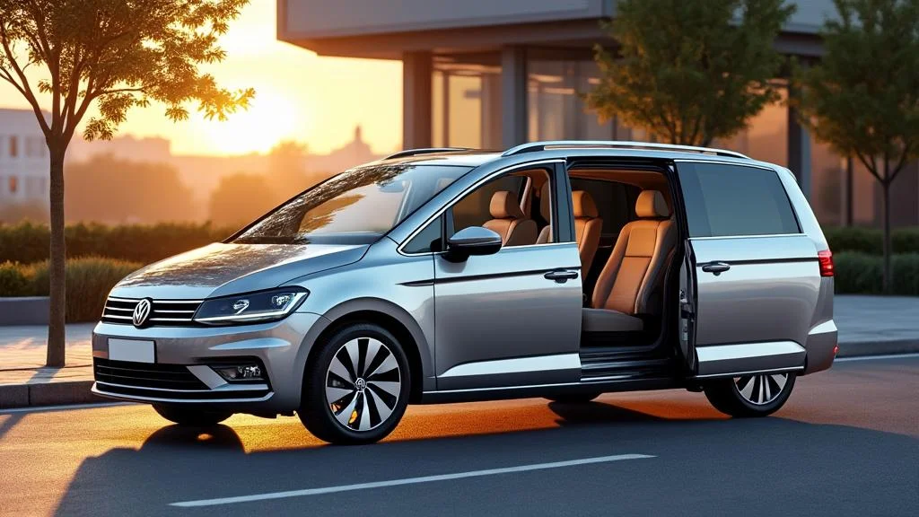 Volkswagen monovolumen Touran argenté en environnement urbain, mettant en avant technologies d’aide à la conduite