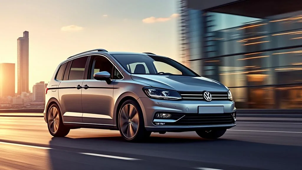 Volkswagen monovolumen Touran avec intérieur modulable et transmissions manuelle et DSG en lumière dorée