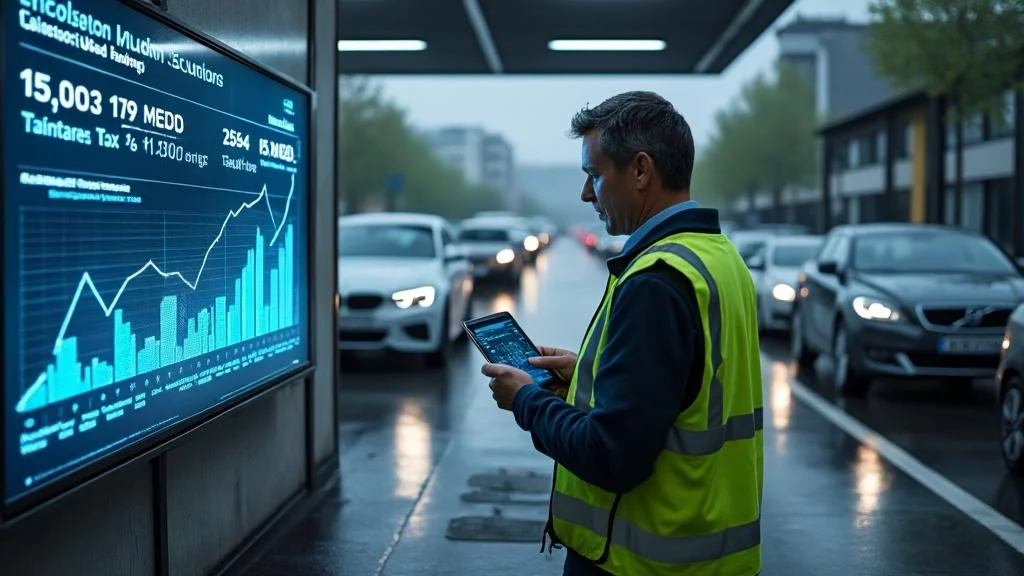 Vue réaliste d’un point de contrôle douanier pour véhicules d’occasions importés avec malus écologique 2025